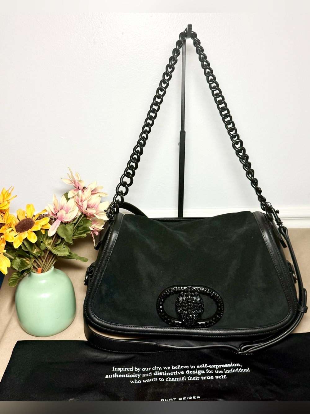 Kurt Geiger ✨The Chelsea✨ Black Suede & Leather Shoulder/Crossbody Bag w/Chain